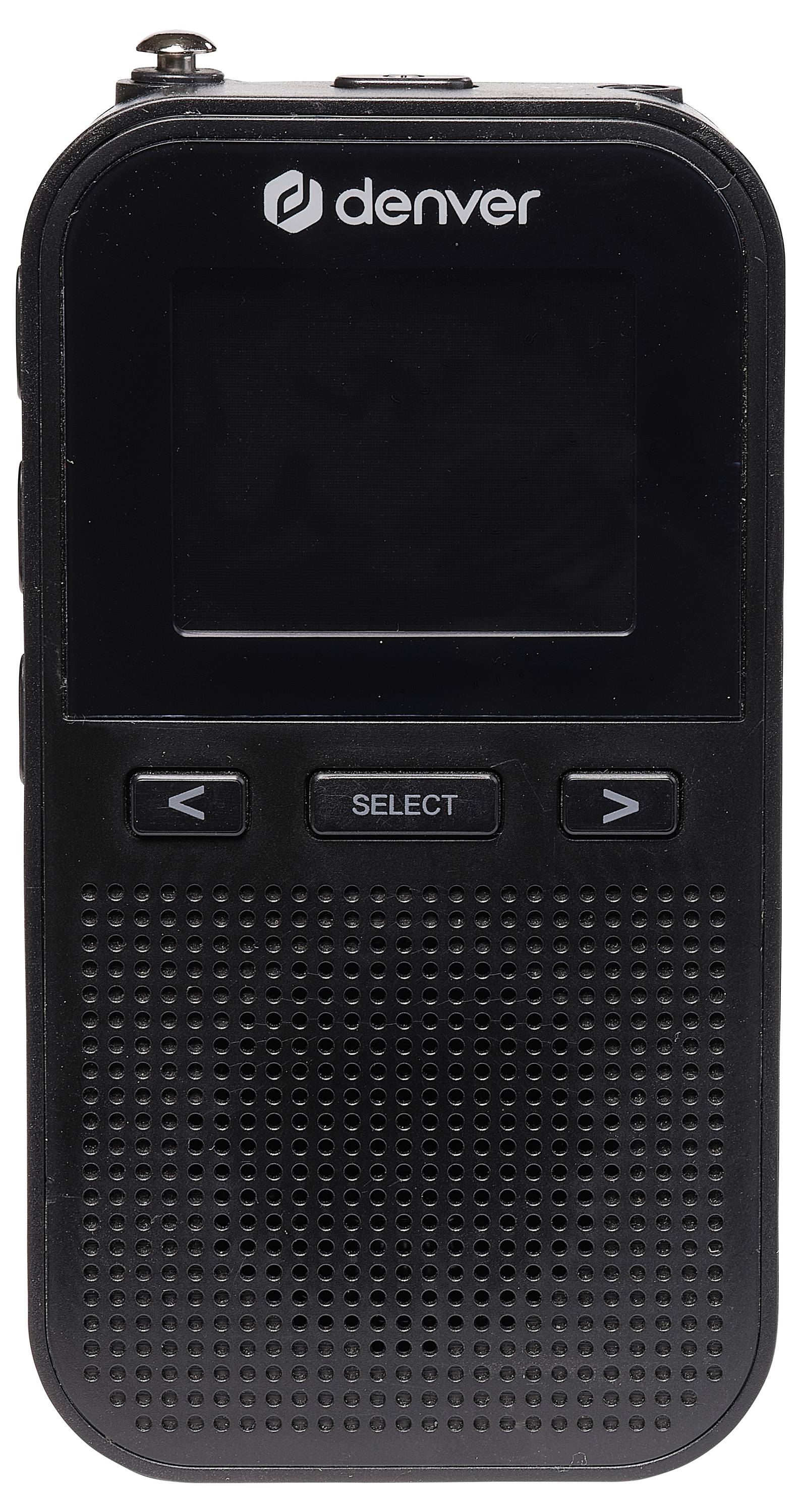 Ein schwarzes tragbares Radio mit Display, Steuerknöpfen und Lautsprechergitter. Oben steht die Marke 'denver'.
