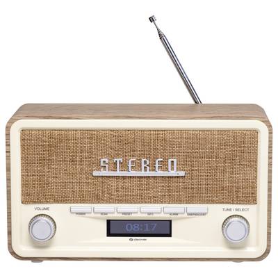 Retro-Radio mit hölzernem Gehäuse, Drahtantenne oben, Schriftzug 'Stereo' vorne, zwei Knöpfe für Lautstärke und Senderwahl, Display zeigt '08:17'.