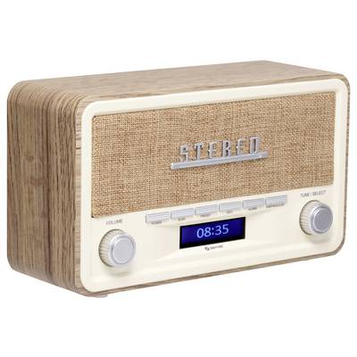 Ein Retro-Radio aus Holz mit Stofffront. Vorne befinden sich Knöpfe für Lautstärke und Tuning sowie eine digitale Uhranzeige mit der Zeit '08:35'.