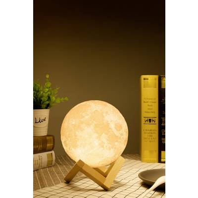 Mondlampe auf einem Tisch, umgeben von Büchern und einer kleinen Pflanze. Dimme Beleuchtung schafft eine gemütliche Atmosphäre.