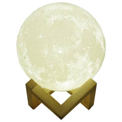 'Leuchtende Mondlampe auf einem hölzernen Ständer, die wie der Vollmond aussieht. Sie strahlt ein weiches, warmes Licht aus.'