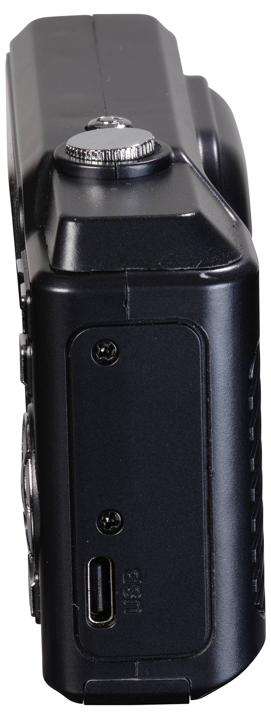 Kompaktkamera, seitliche Ansicht mit sichtbarem USB-Anschluss.