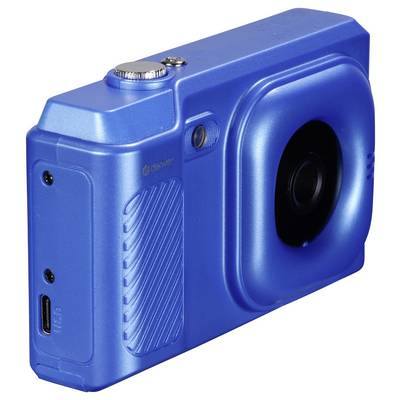 Blaue Kompaktkamera mit USB-Anschluss und Strukturoberfläche auf der linken Seite.