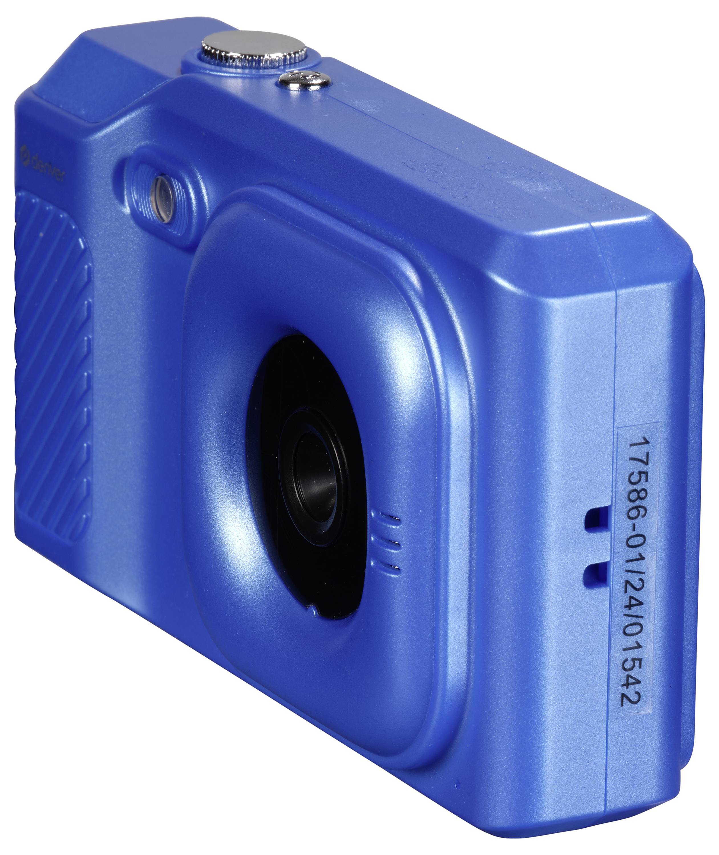 Blaue Digitalkamera mit Objektiv und Bedienknöpfen, diagonale Perspektive.