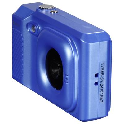 Blaue Digitalkamera mit Objektiv und Bedienknöpfen, diagonale Perspektive.