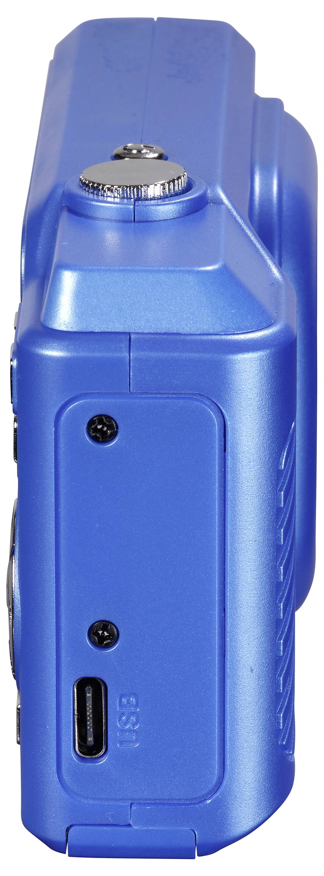 Digitalkamera in Blau, seitliche Ansicht mit sichtbarem USB-Anschluss und Schraube oben auf der Kamera.