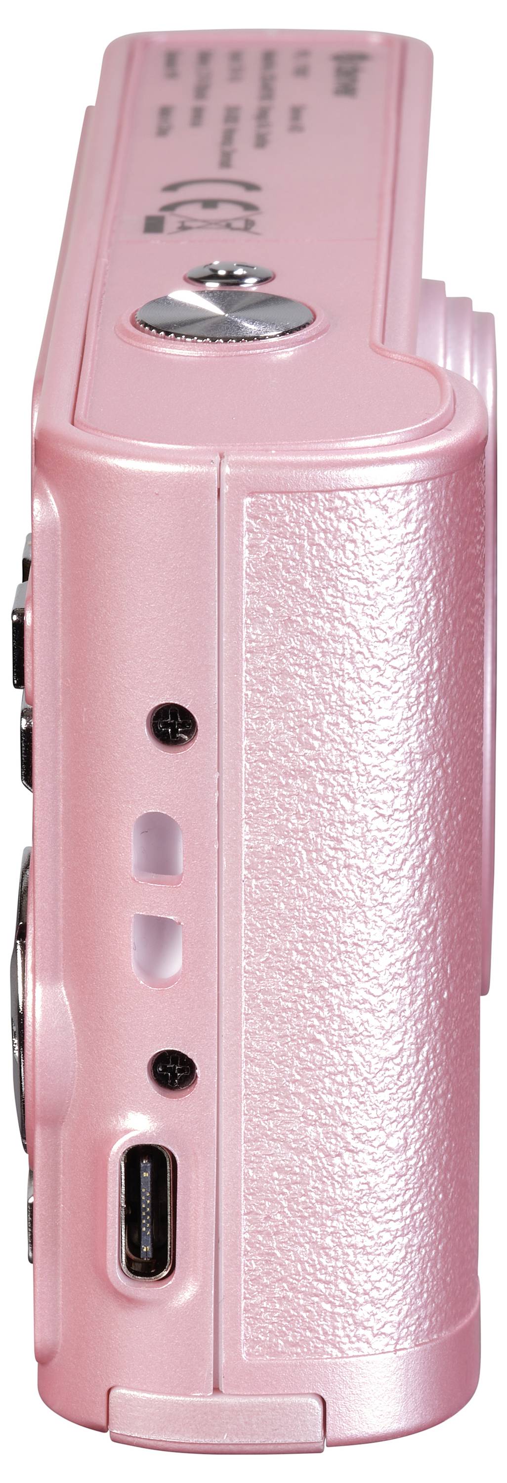 Eine kompakte, rosa Kamera von der Seite fotografiert, zeigt Bedienelemente und Anschlüsse.