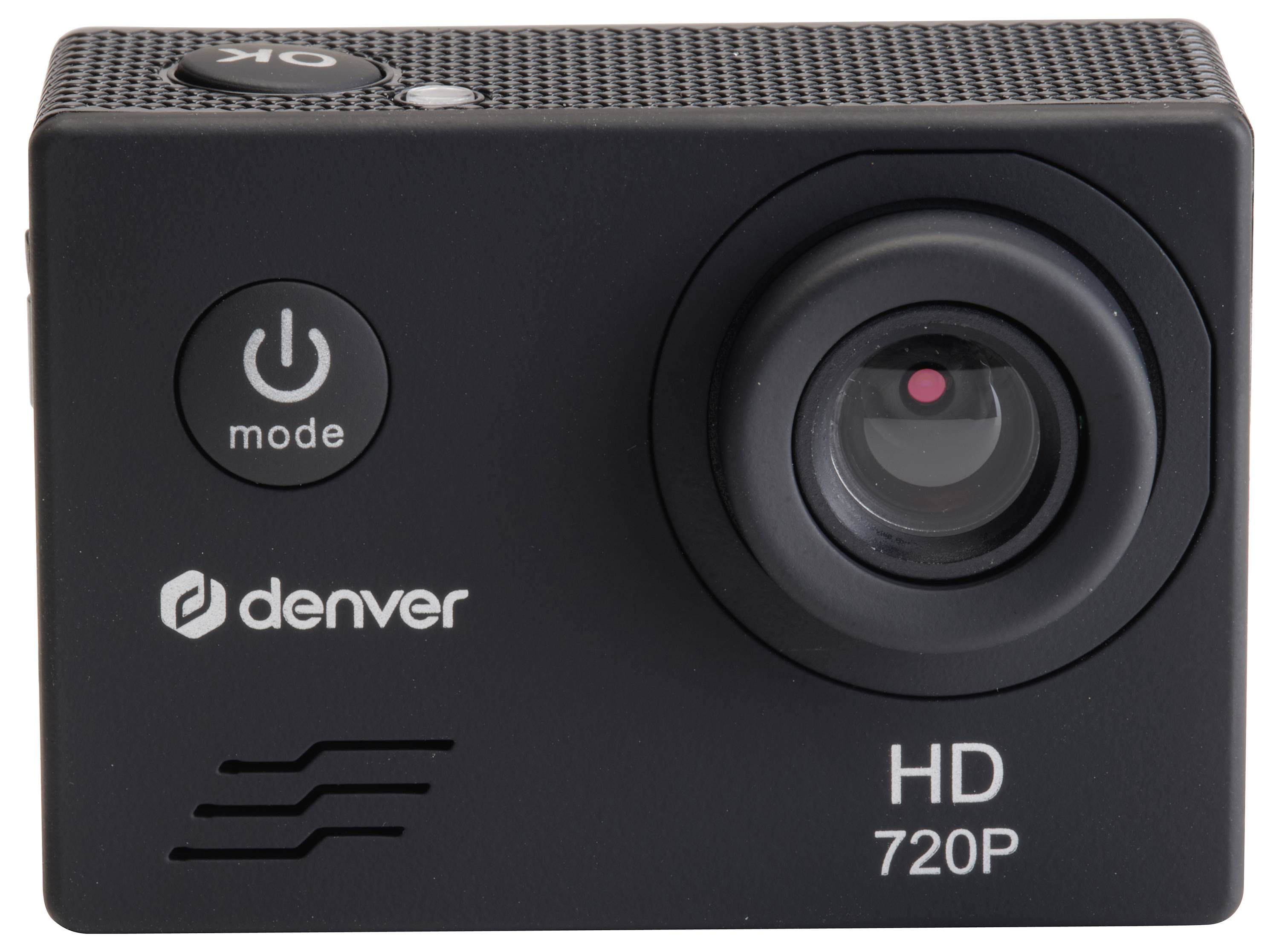 Eine schwarze Action-Kamera der Marke 'denver' mit HD 720P Auflösung und einem großen Objektiv auf der Vorderseite.