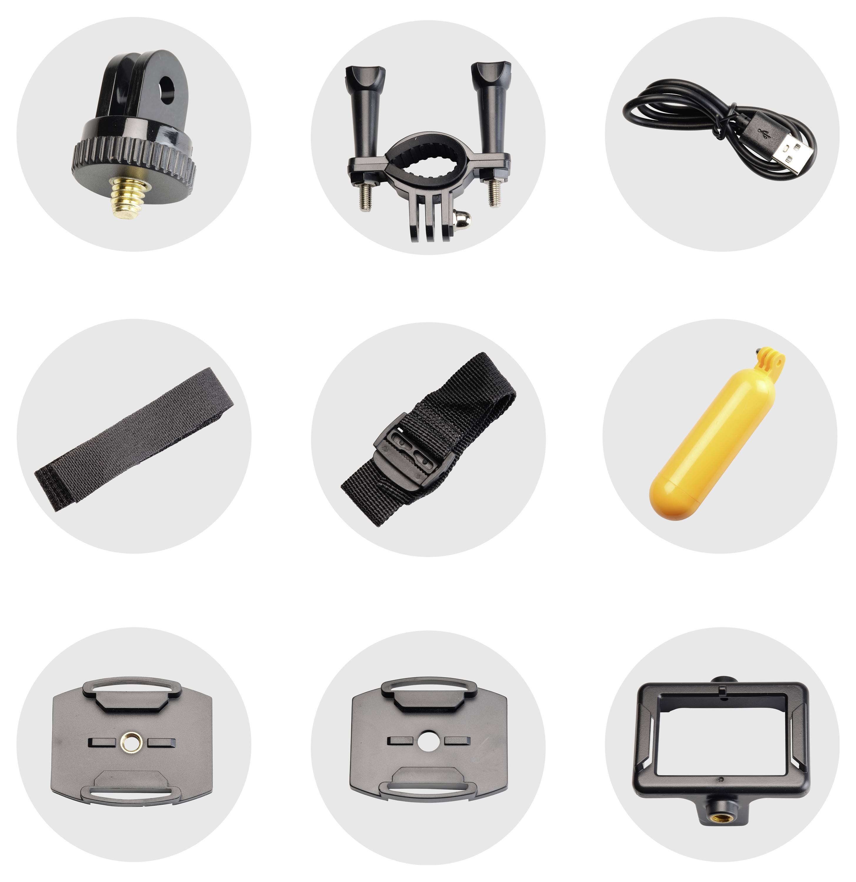 Verschiedene Kamera-Zubehörteile, darunter Halterungen, Schrauben, eine gelbe Schwimmerhalterung, USB-Kabel und ein Klettband.