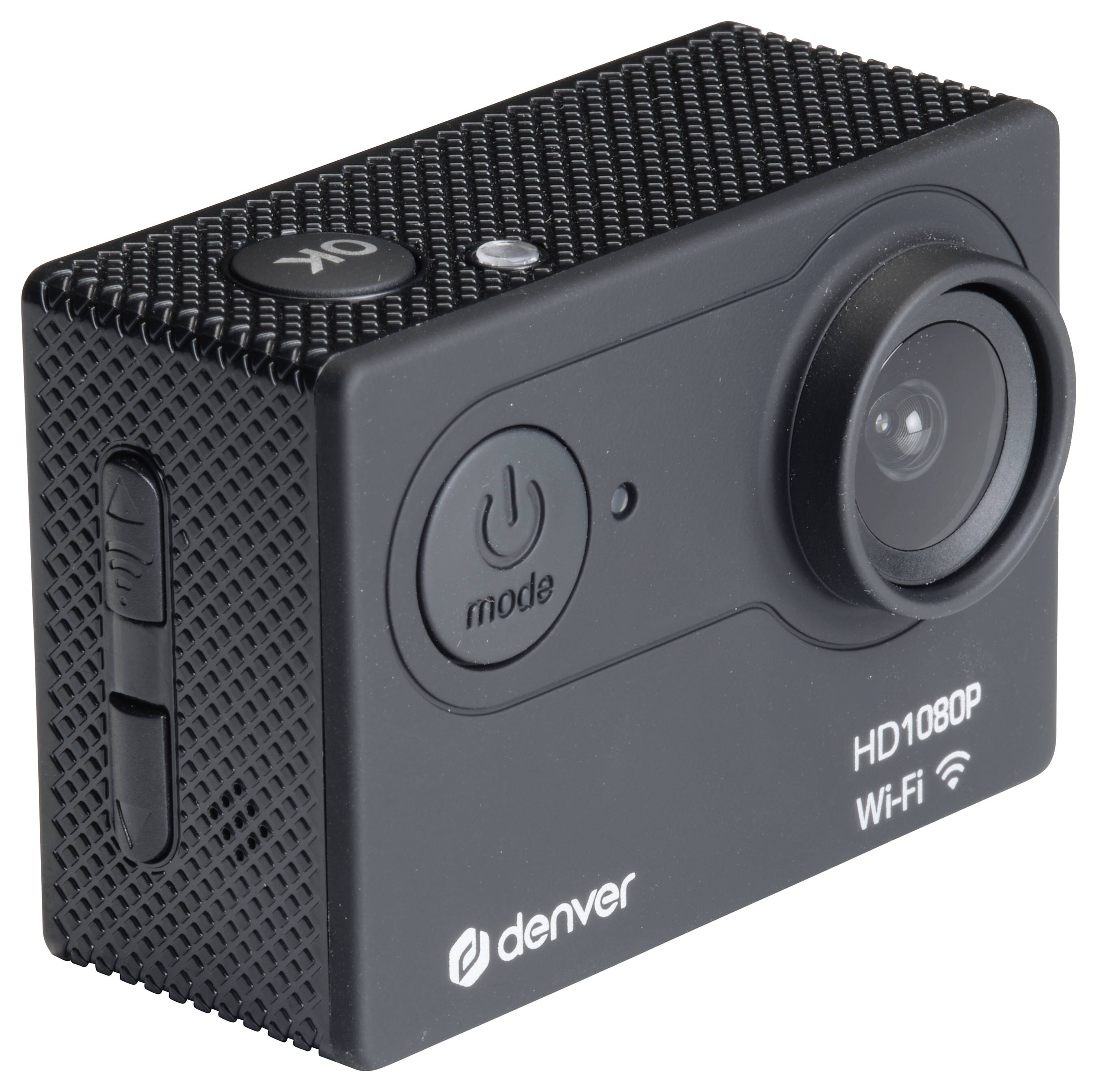 Eine schwarze Action-Kamera mit der Aufschrift 'HD1080P' und 'WiFi' auf der Vorderseite. Rechts ist die Linse sichtbar.