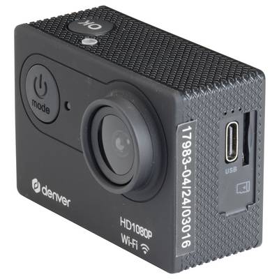 Schwarze Action-Kamera mit Linse, USB-Anschluss und Bedienknöpfen; Marke 'Denver', Aufschrift 'HD1080P WiFi' auf der Vorderseite.
