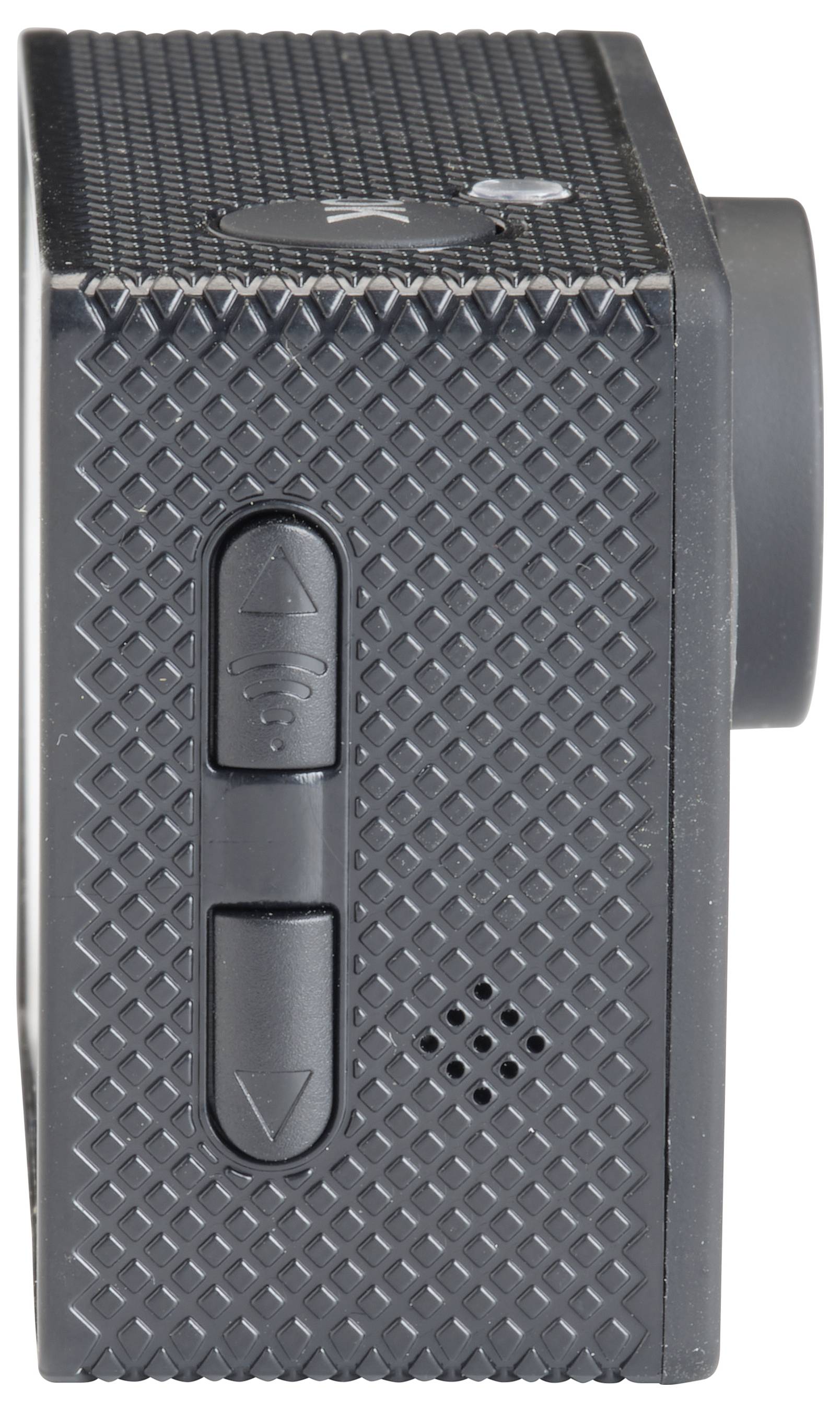 Schwarze Action-Kamera mit strukturiertem Gehäuse, zwei seitlichen Tasten und Linsenöffnung rechts. 