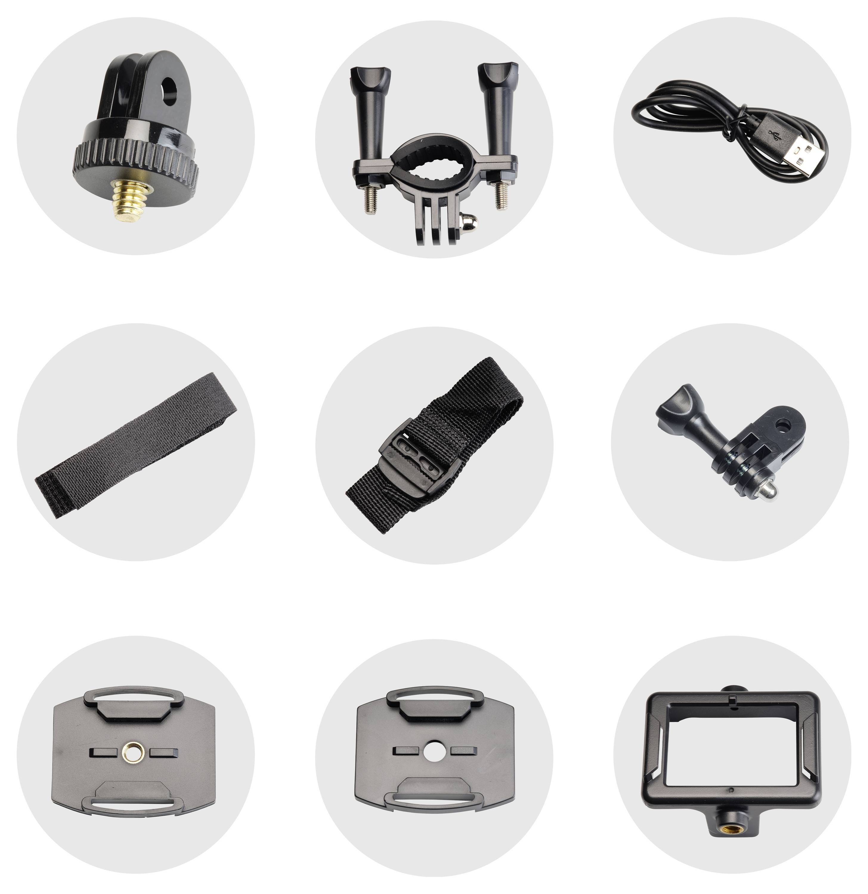 Zubehörset für Action-Kameras: Adapter, Halterungen, Kabel, Gurte und Schrauben. Ideal zur Befestigung und Verbindung.