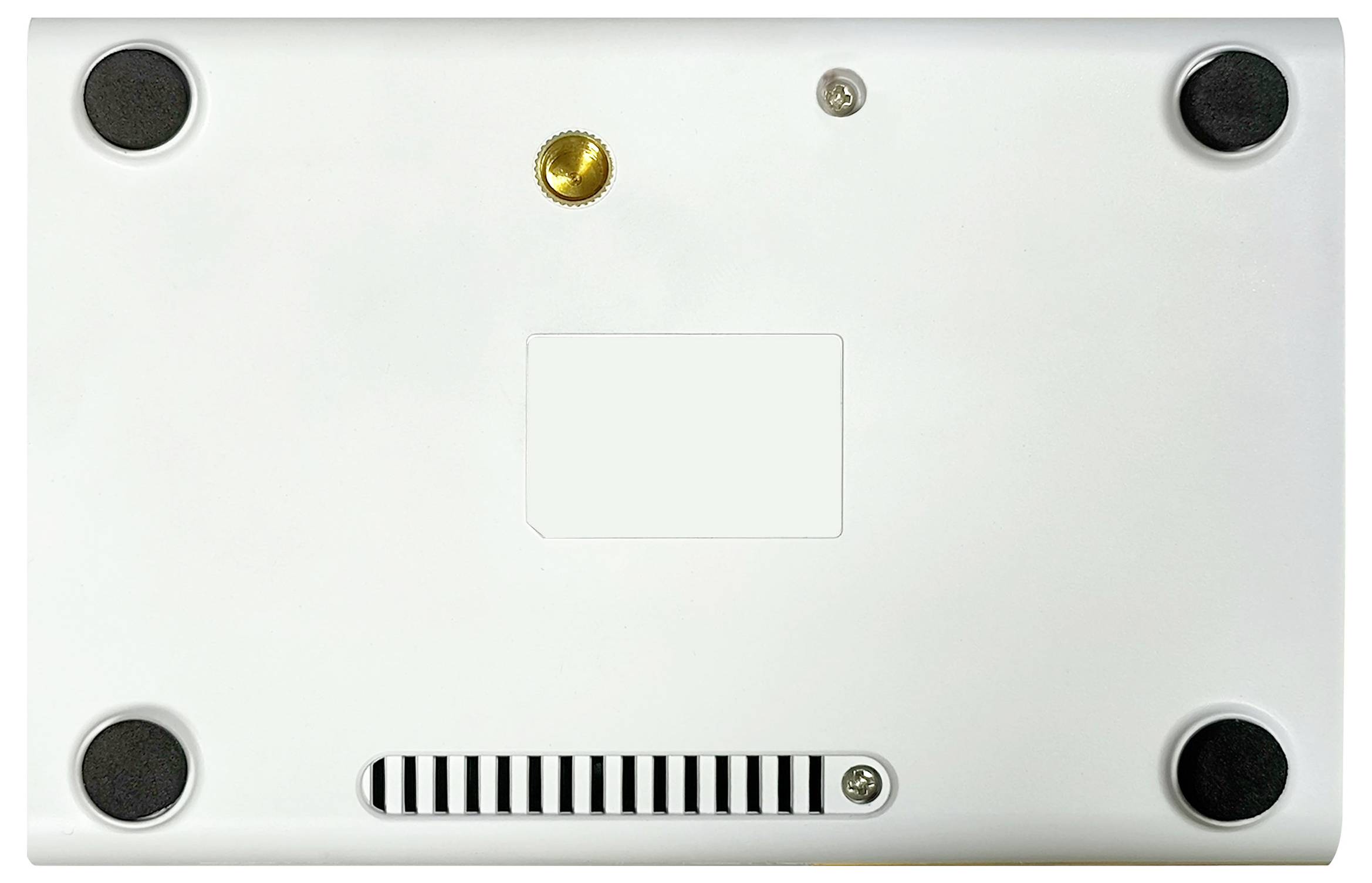 Rückseite eines weißen Laptops mit vier runden Füßen und Lüftungsschlitzen. Eine Schraube in der Mitte ist sichtbar.