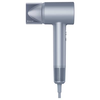 Ein silberner Haartrockner mit glattem, modernem Design. Das Gerät hat eine rechteckige Düse und seitliche Bedienelemente.