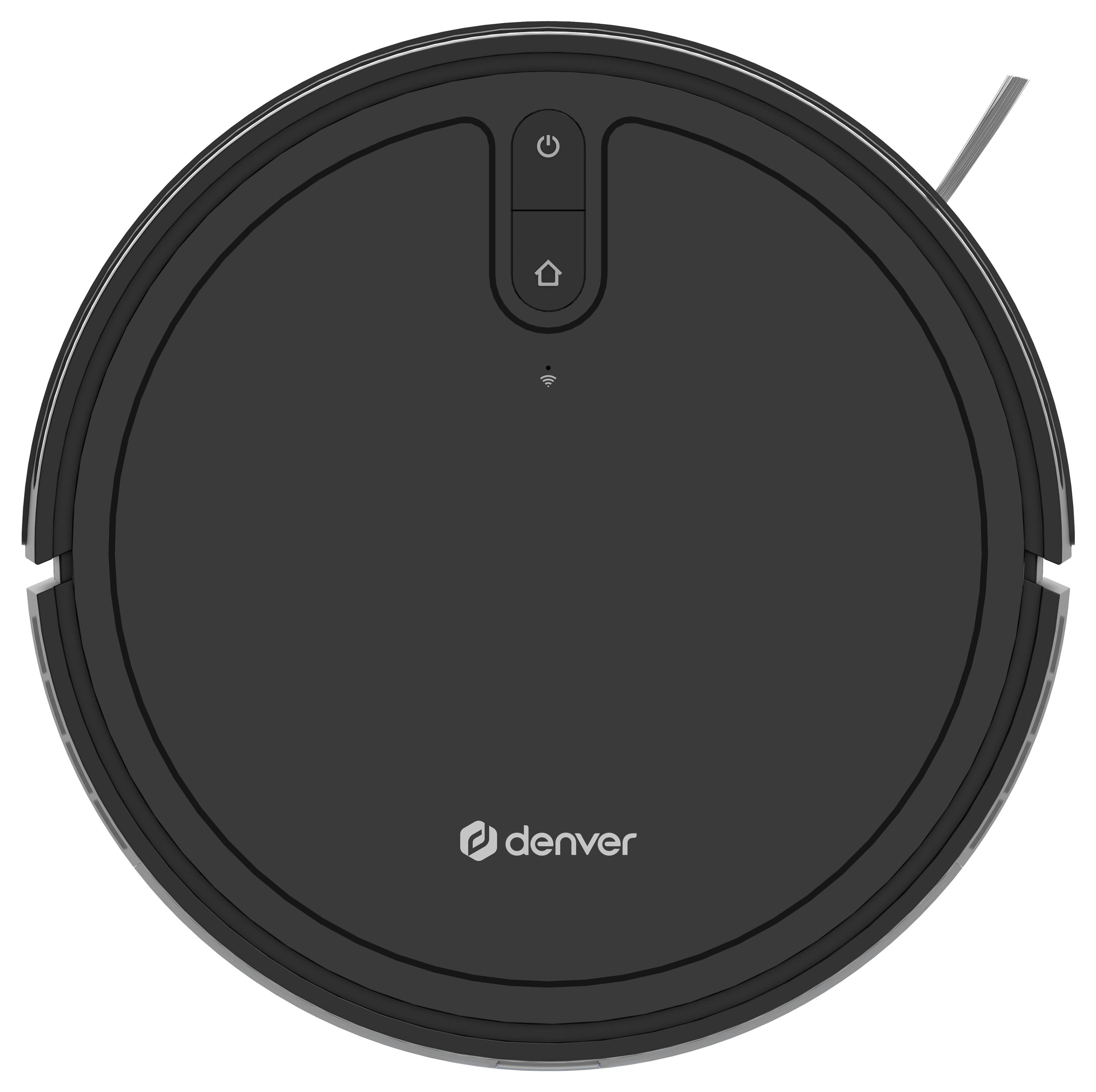 Ein runder, schwarzer Saugroboter mit dem Logo 'denver' in der Mitte. Oben befinden sich zwei Bedienknöpfe.