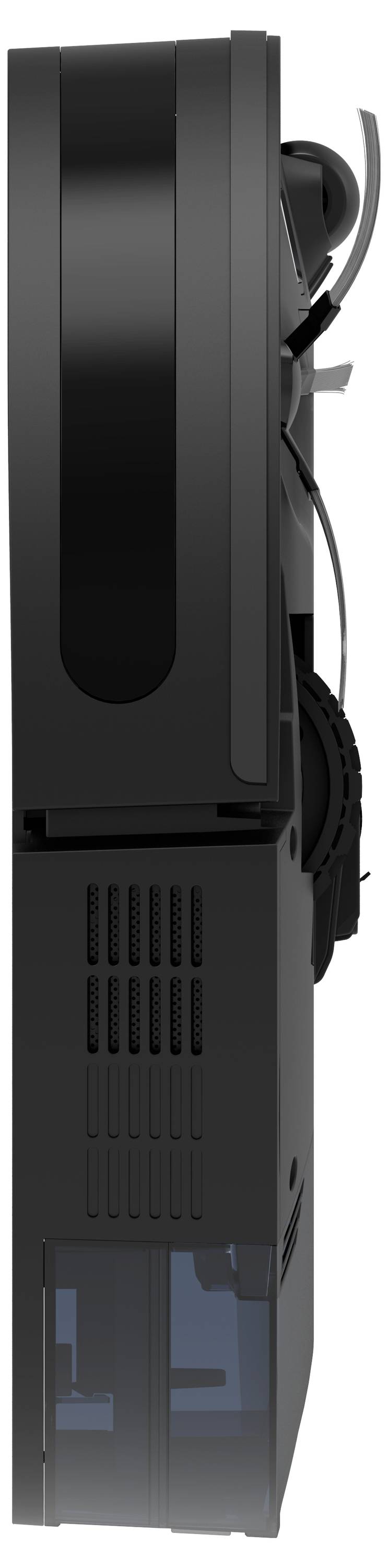 Seitenansicht eines schwarzen, schlanken Geräts mit Lüftungsschlitzen und Kabeln. Konstruktion deutet auf technische oder elektrische Funktion hin.
