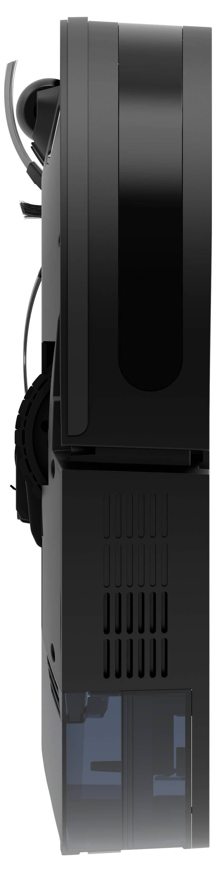 Ein seitlicher Blick auf ein schwarzes elektronisches Gerät, wahrscheinlich ein Drucker oder ein anderer Büroapparat.