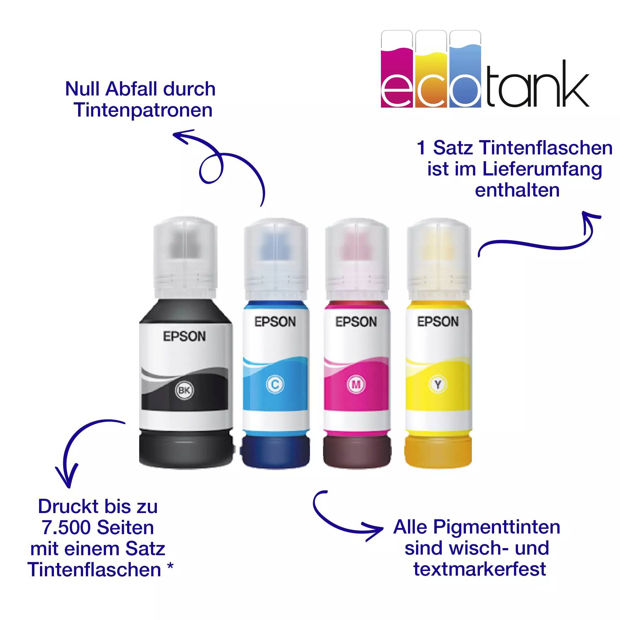 'Druckt bis zu 7.500 Seiten mit einem Satz Tintenflaschen. 1 Satz Tintenflaschen ist im Lieferumfang enthalten. Alle Pigmenttinten sind wisch- und textmarkerfest.'