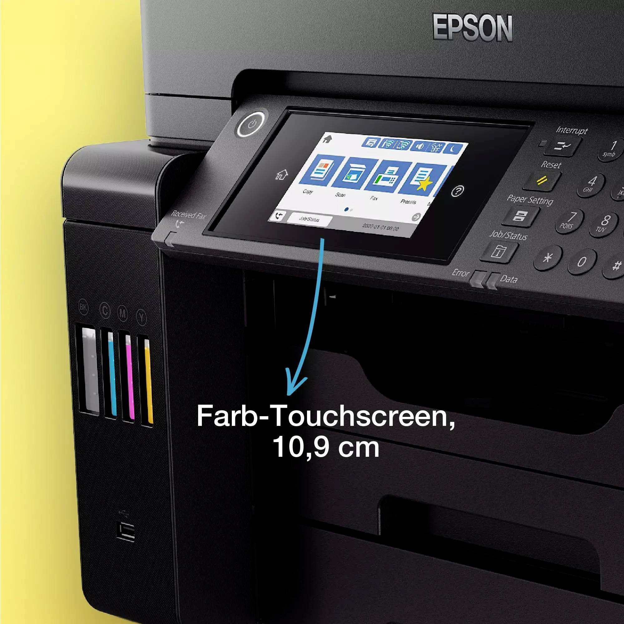 Ein Drucker mit einem 10,9 cm Farb-Touchscreen, auf dem Symbole für verschiedene Druckfunktionen angezeigt werden. Marke: Epson.