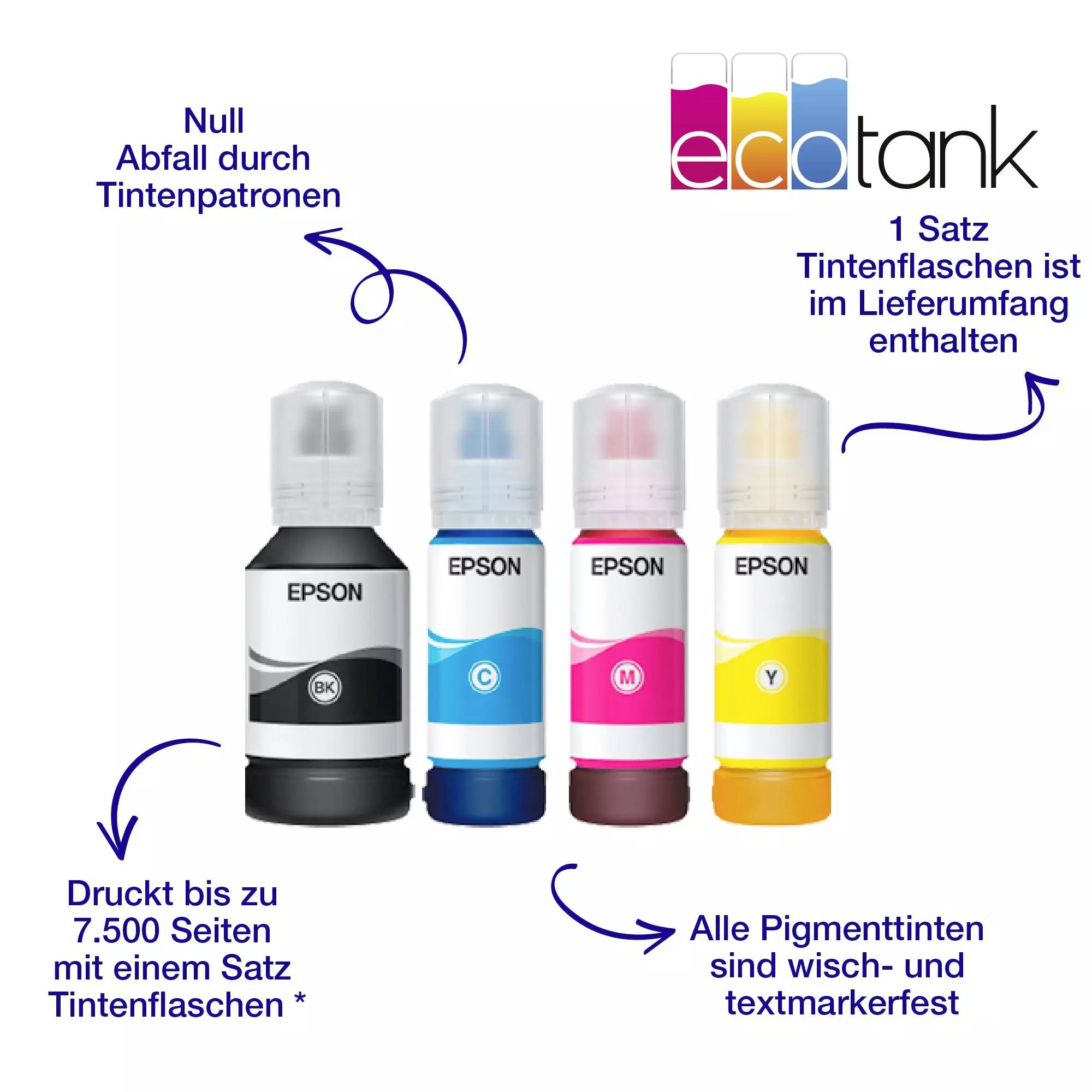 'EPSON Tintenflaschen Set mit den Farben Schwarz, Cyan, Magenta und Gelb. Vorteile: Kein Abfall, wischfest, bis zu 7.500 Seiten Druck.'