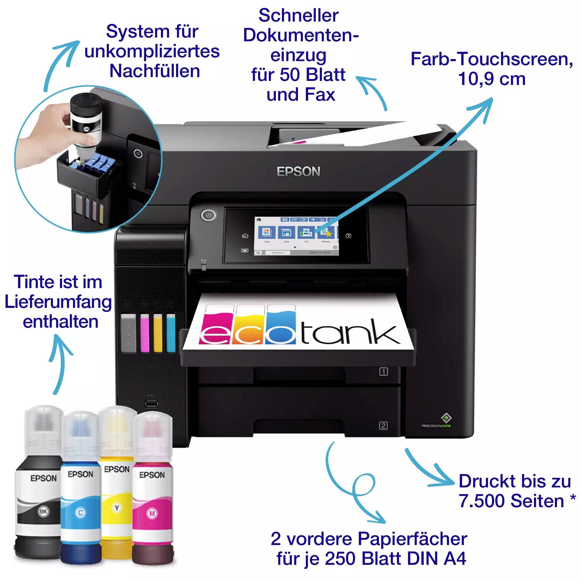 Eine Epson-Druckerabbildung mit Text, der Funktionen beschreibt: schneller Dokumenteneinzug, Farb-Touchscreen, hohe Druckreichweite.