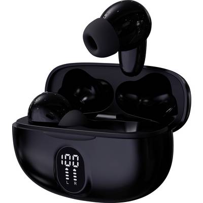 Schwarze drahtlose In-Ear-Kopfhörer in Ladeetui mit digitalem Display, das den Ladezustand anzeigt.