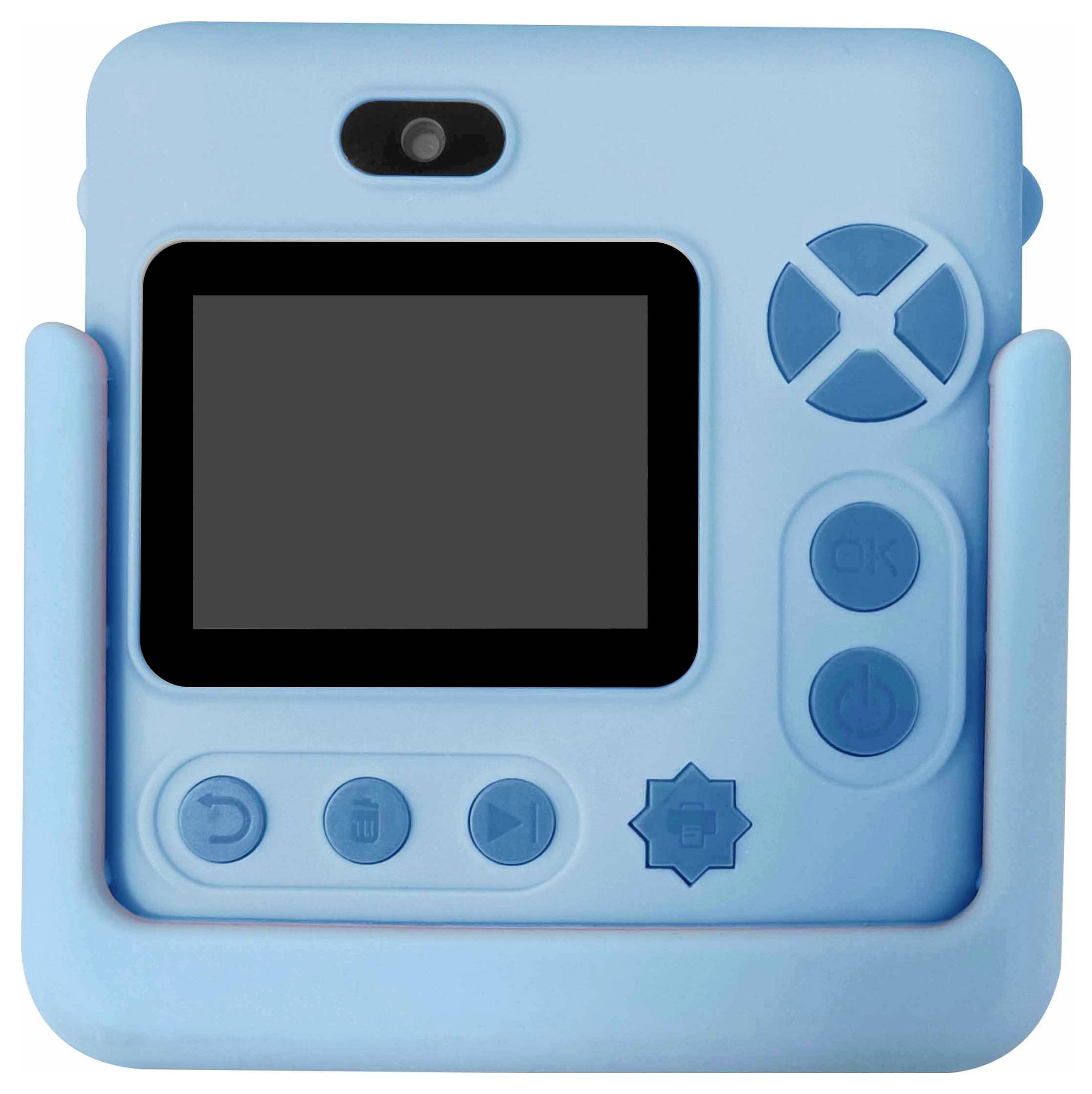 Eine blaue Kinderkamera mit großem Display, Bedientasten und Kameraobjektiv oben. Geeignet für Kinderfotografie und einfaches Bedienen.