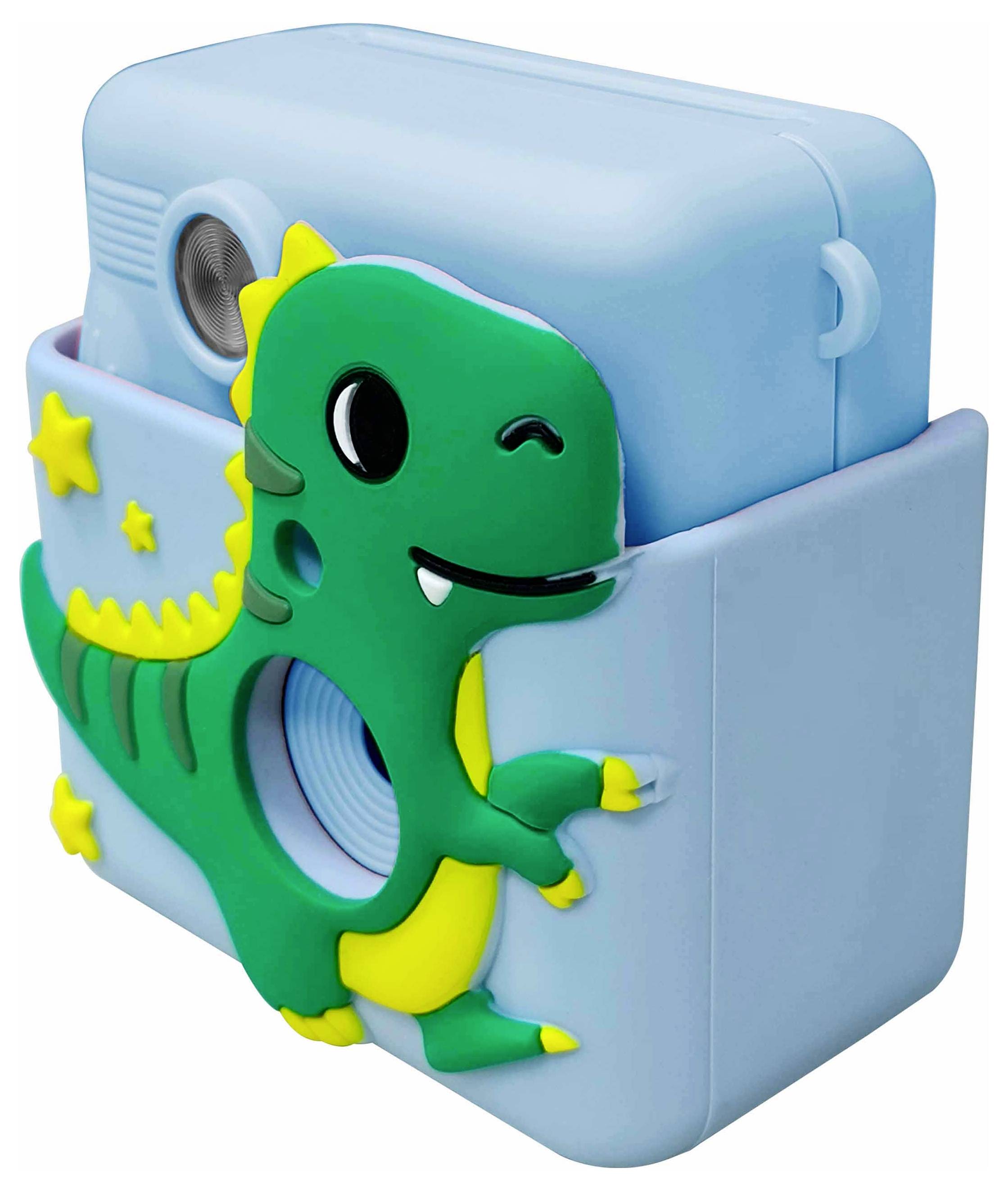 Blaue Kinderkamera mit Dinosaurier-Schutzhülle, fröhliches Design, leuchtende Farben. Ideal für junge Fotografie-Enthusiasten.
