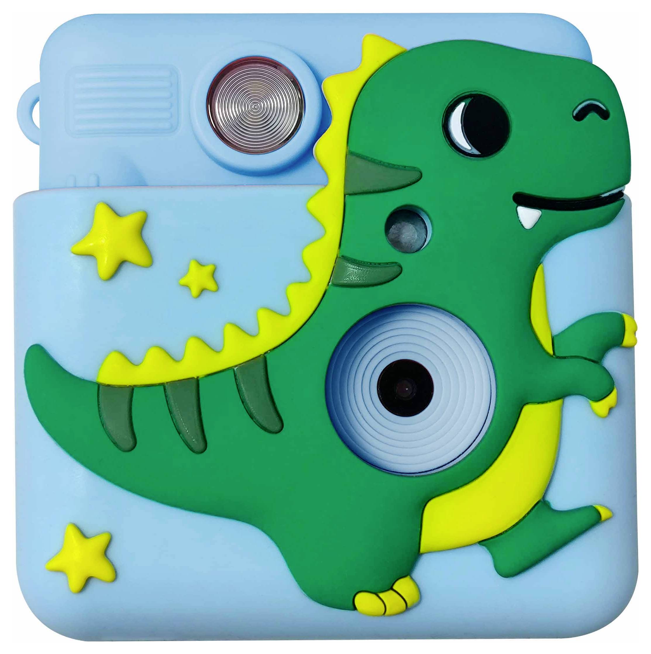 Eine blaue Kinderkamera mit einem grünen Dinosaurierdesign und gelben Sternen.