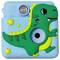 Eine blaue Kinderkamera mit einem grünen Dinosaurierdesign und gelben Sternen.
