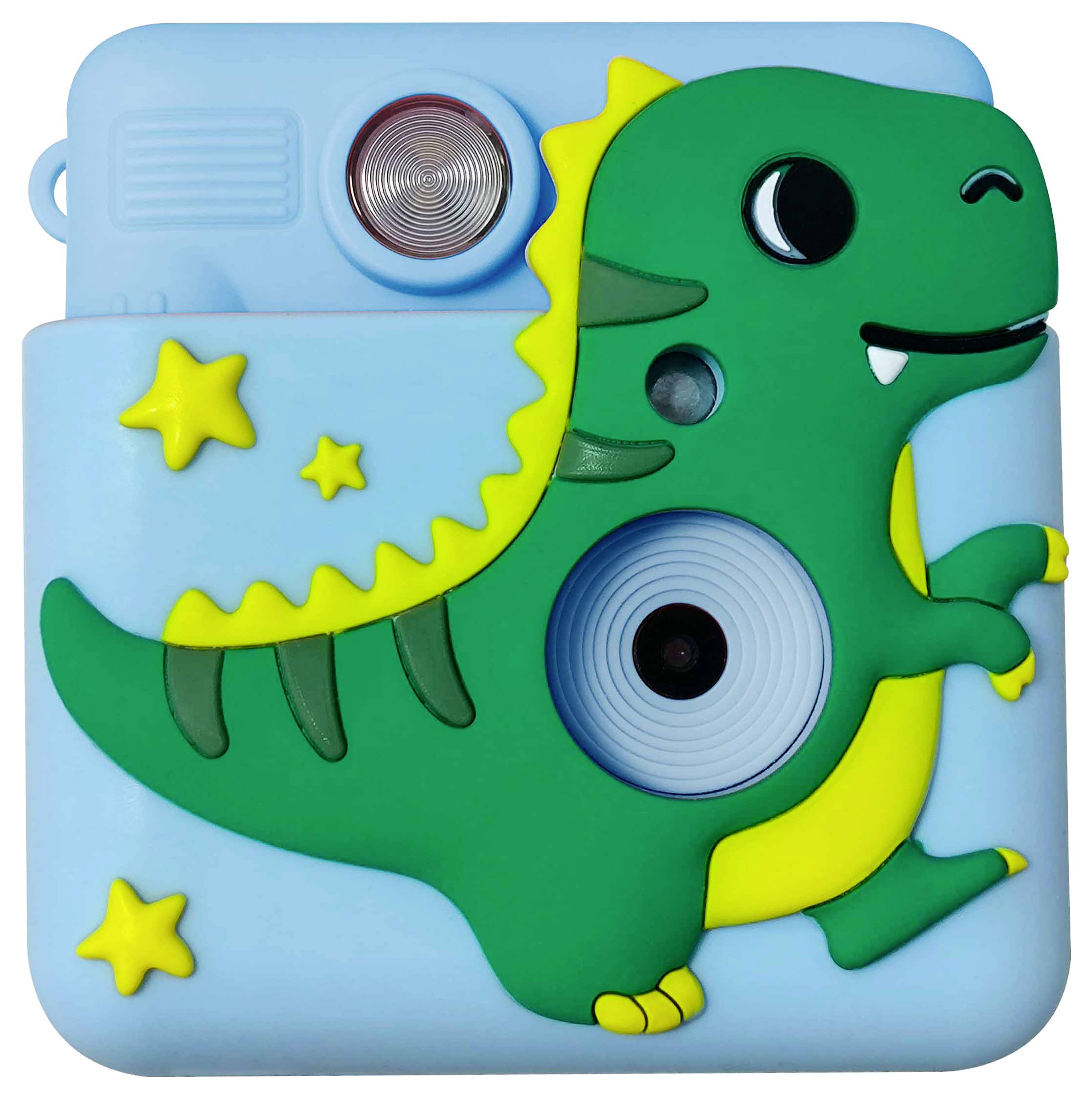Kinderkamera in einem hellblauen Gehäuse mit einem grünen Dinosaurier-Design und gelben Sternen.