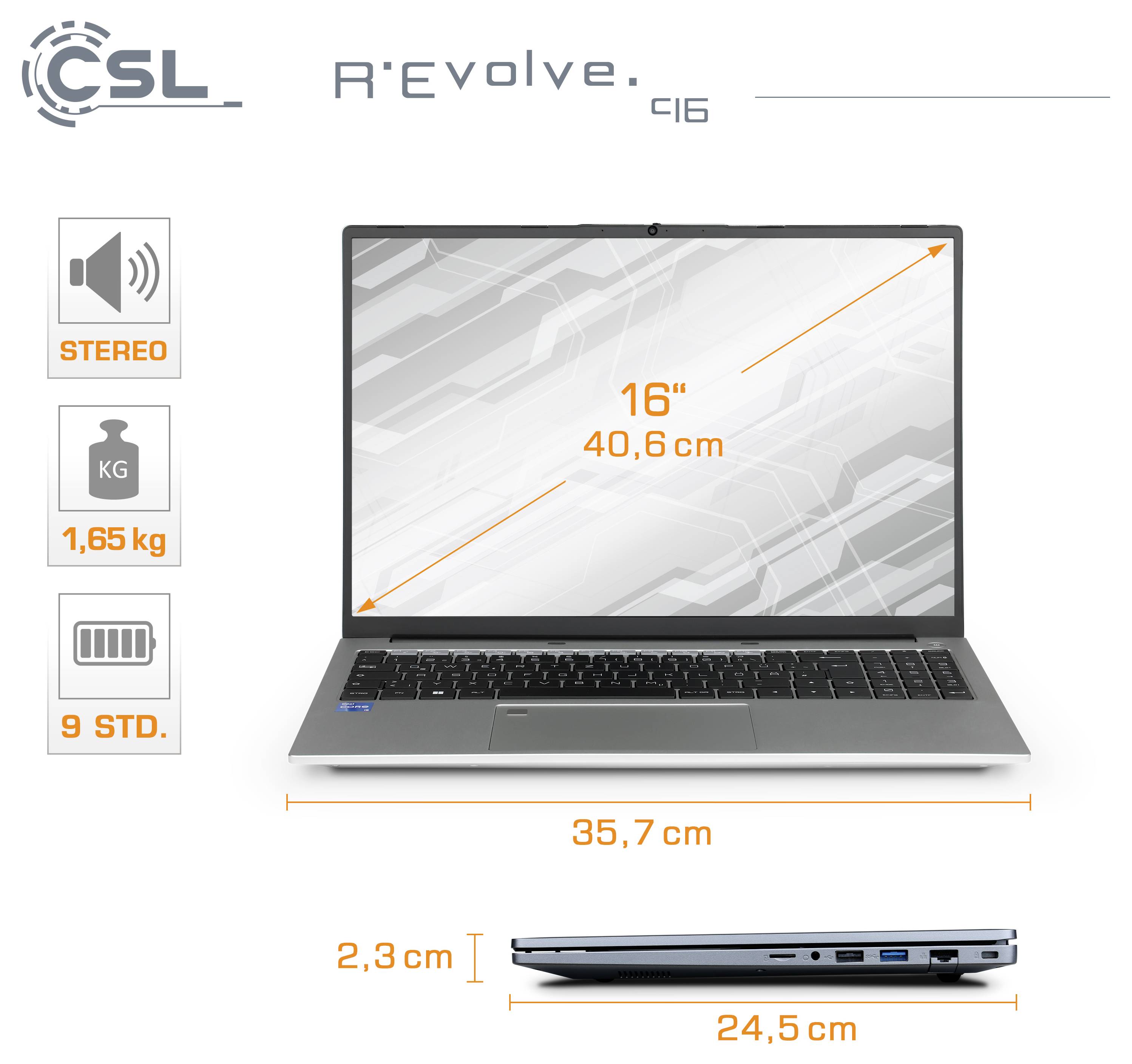 Ein Laptop mit der Bezeichnung 'R'Evolve 416' mit einem 16-Zoll-Bildschirm, Abmessungen von 35,7 cm x 24,5 cm, einer Höhe von 2,3 cm, einem Gewicht von 1,65 kg und einer Akkulaufzeit von 9 Stunden.