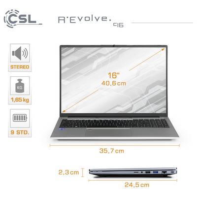 Ein Laptop mit der Bezeichnung 'R'Evolve 416' mit einem 16-Zoll-Bildschirm, Abmessungen von 35,7 cm x 24,5 cm, einer Höhe von 2,3 cm, einem Gewicht von 1,65 kg und einer Akkulaufzeit von 9 Stunden.
