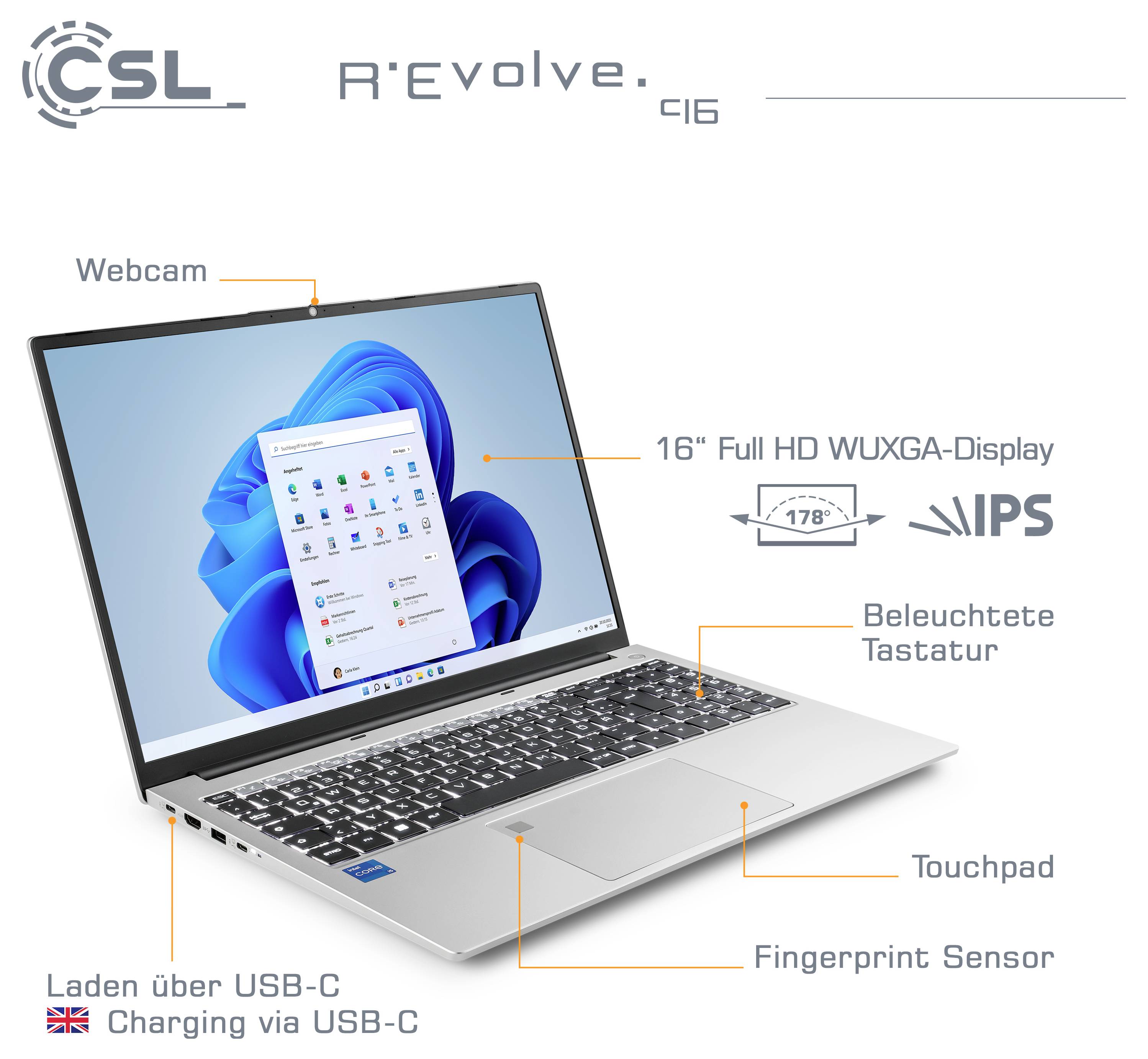 Laptop mit 16" Full-HD-Display und Touchscreen, dargestellt mit Windows-Oberfläche. Funktionen umfassen Fingerabdrucksensor und USB-C-Ladung.