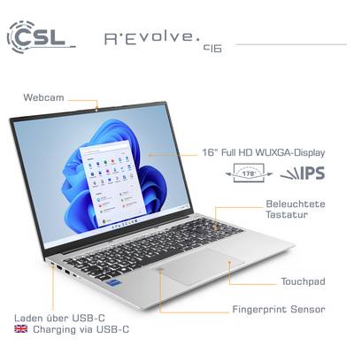 Laptop mit 16" Full-HD-Display und Touchscreen, dargestellt mit Windows-Oberfläche. Funktionen umfassen Fingerabdrucksensor und USB-C-Ladung.