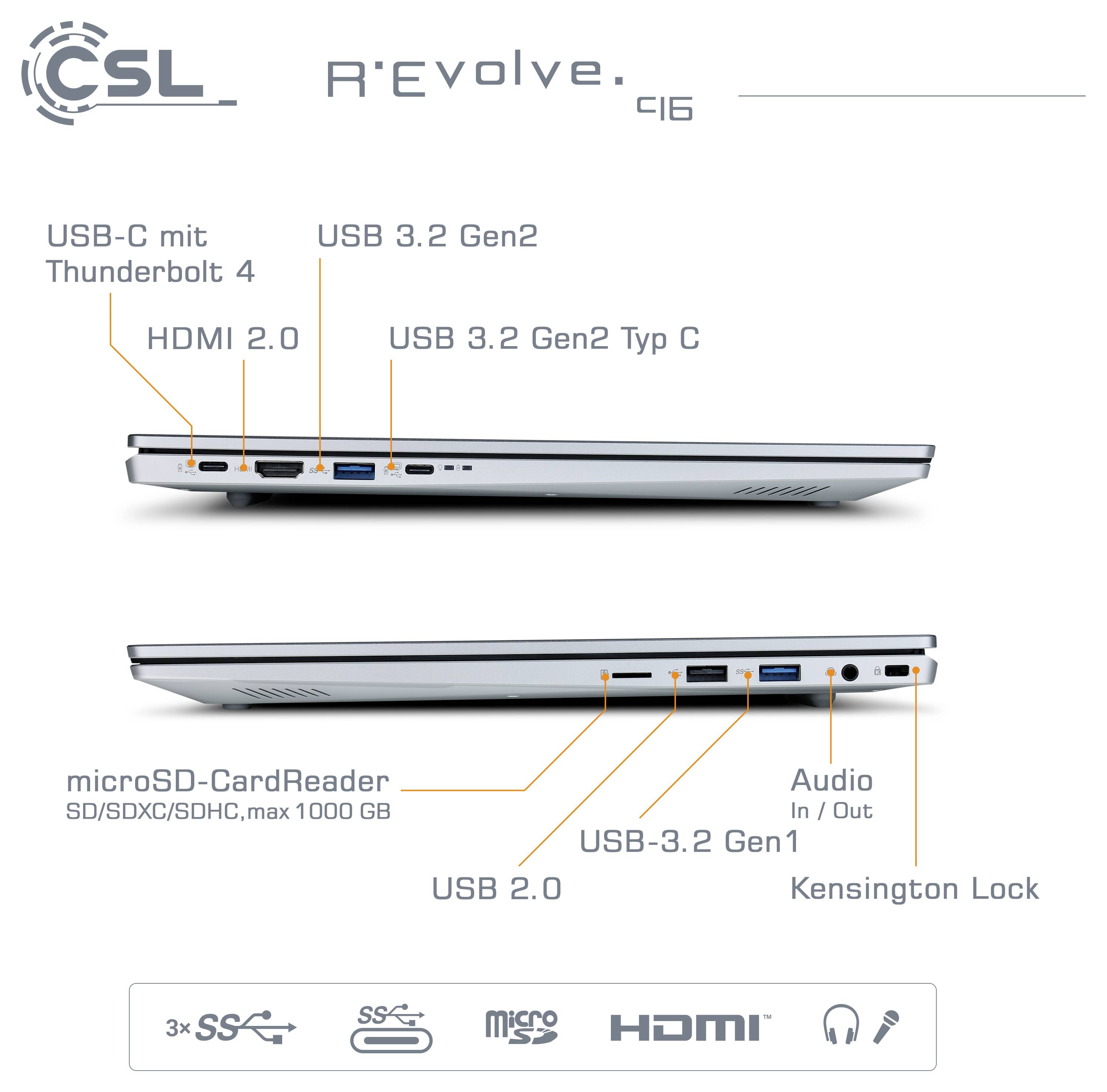 Seitenansicht eines Laptops mit folgenden Anschlüssen: HDMI 2.0, USB-C mit Thunderbolt 4, USB 3.2 Gen2, USB 3.2 Gen1, microSD-Kartenleser und Audioanschluss.