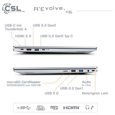 Seitenansicht eines Laptops mit folgenden Anschlüssen: HDMI 2.0, USB-C mit Thunderbolt 4, USB 3.2 Gen2, USB 3.2 Gen1, microSD-Kartenleser und Audioanschluss.