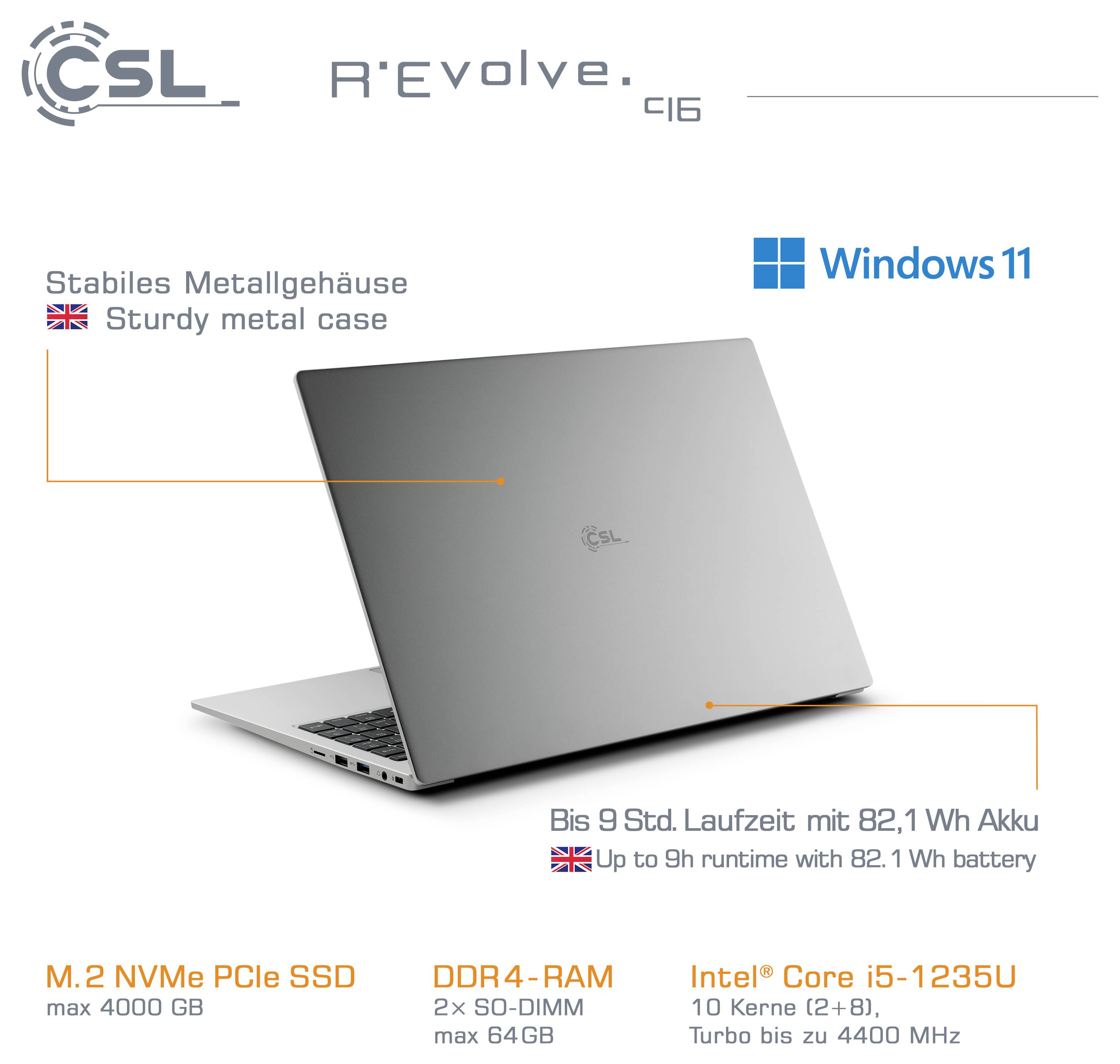 Schlanker silberner Laptop mit CSL-Branding, ausgestattet mit Windows 11, Intel Core i5, 4 GB DDR4 RAM, bis zu 9 Stunden Akkulaufzeit, Metallgehäuse.