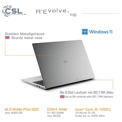 Schlanker silberner Laptop mit CSL-Branding, ausgestattet mit Windows 11, Intel Core i5, 4 GB DDR4 RAM, bis zu 9 Stunden Akkulaufzeit, Metallgehäuse.