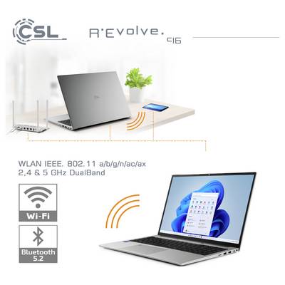Ein Laptop mit modernem Design, der mit WLAN und Bluetooth 5.2 verbunden ist und einen Windows-Bildschirm anzeigt. Der Text erwähnt Dual-Band-WLAN-Fähigkeiten.