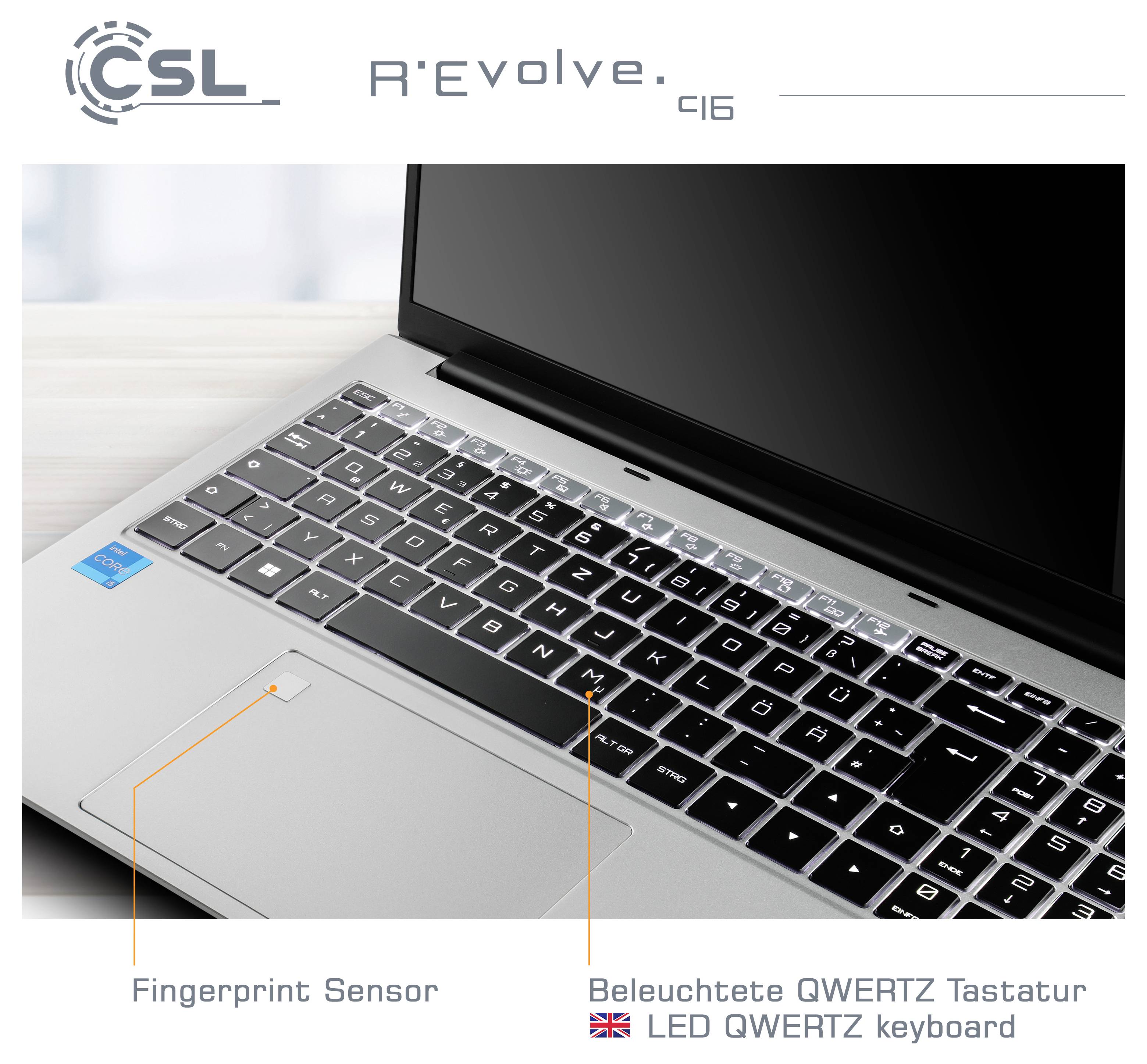 Ein Laptop mit einer beleuchteten QWERTZ-Tastatur und einem Fingerabdrucksensor. Die Marke 'CSL' und das Modell 'R'Evolve' C16' sind sichtbar.