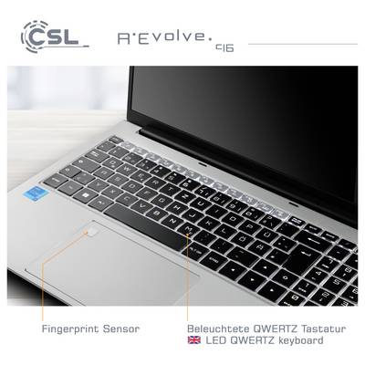 Ein Laptop mit einer beleuchteten QWERTZ-Tastatur und einem Fingerabdrucksensor. Die Marke 'CSL' und das Modell 'R'Evolve' C16' sind sichtbar.