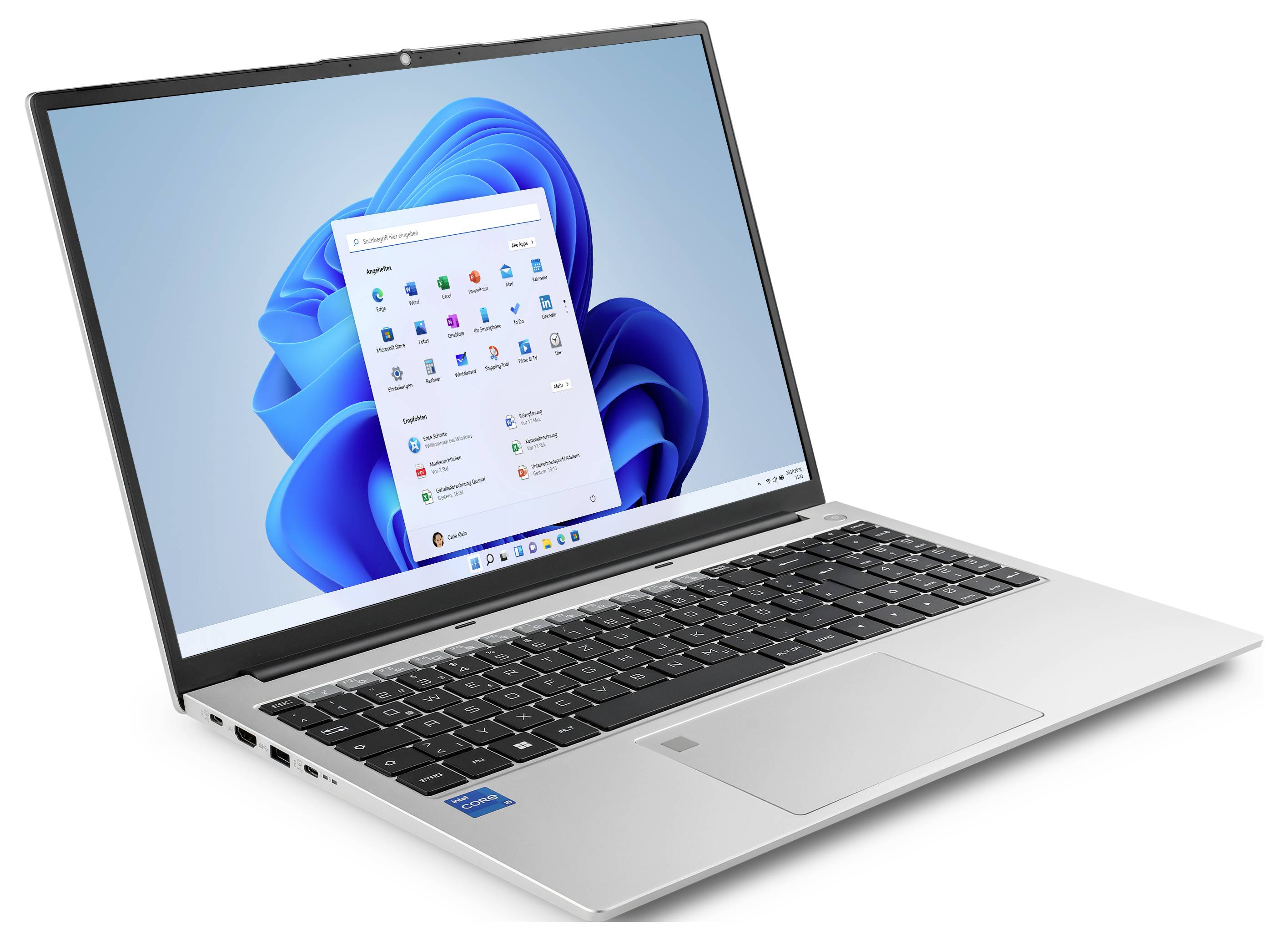 Ein silberner Laptop zeigt eine hellblaue Betriebssystem-Startseite mit verschiedenen App-Symbolen. Der Laptop ist leicht nach rechts geneigt.