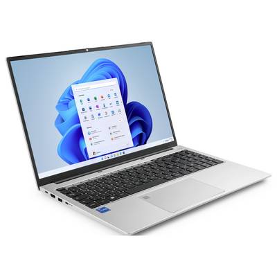Ein silberner Laptop zeigt eine hellblaue Betriebssystem-Startseite mit verschiedenen App-Symbolen. Der Laptop ist leicht nach rechts geneigt.