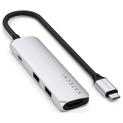 Ein USB-C-Hub mit mehreren Anschlüssen, darunter HDMI und USB-A. Er wird über ein kurzes Kabel mit einem USB-C-Stecker angeschlossen.