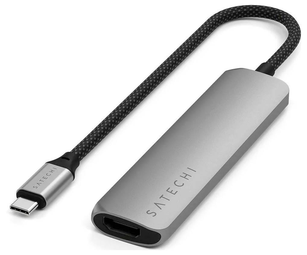 Ein USB-C-Adapter von Satechi, silberfarben, mit HDMI-Anschluss und geflochtenem Kabel.