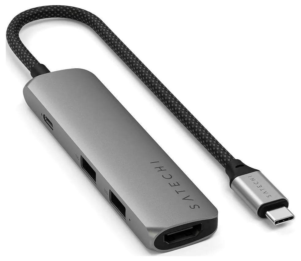 Ein Satechi USB-C Hub mit mehreren Anschlüssen, darunter HDMI, USB-A und USB-C Kabel, für den Anschluss externer Geräte.