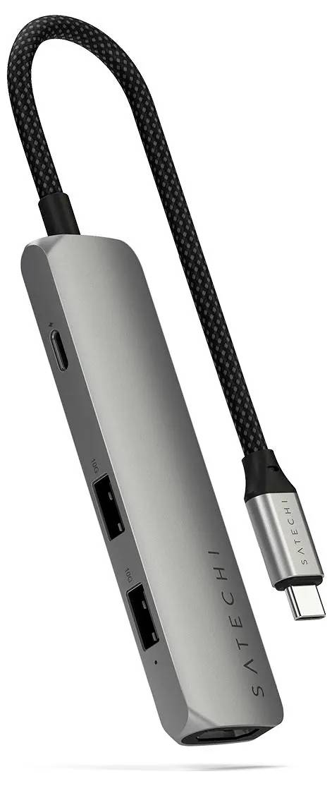 Ein grau-schwarzer USB-C-Hub mit mehreren Anschlüssen, darunter USB-A, HDMI und Ethernet, für erweiterte Konnektivität.