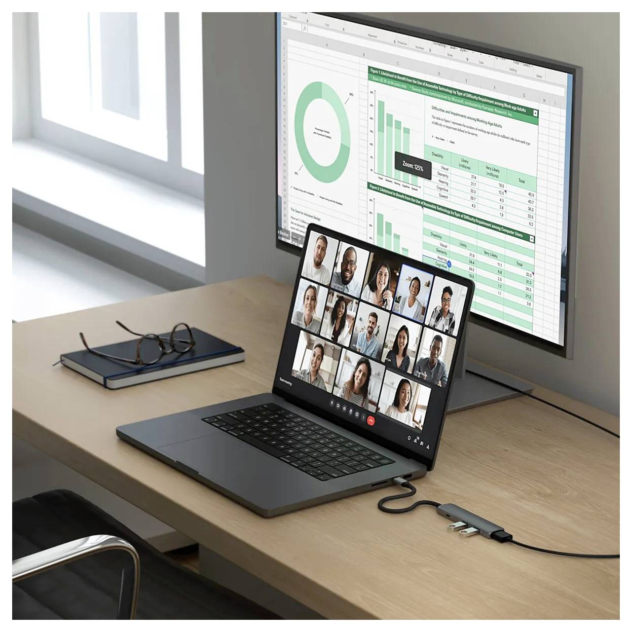 Ein Laptop auf einem Schreibtisch zeigt ein Videokonferenz-Meeting. Dahinter ein Monitor mit einem Kreisdiagramm und einer Tabelle.